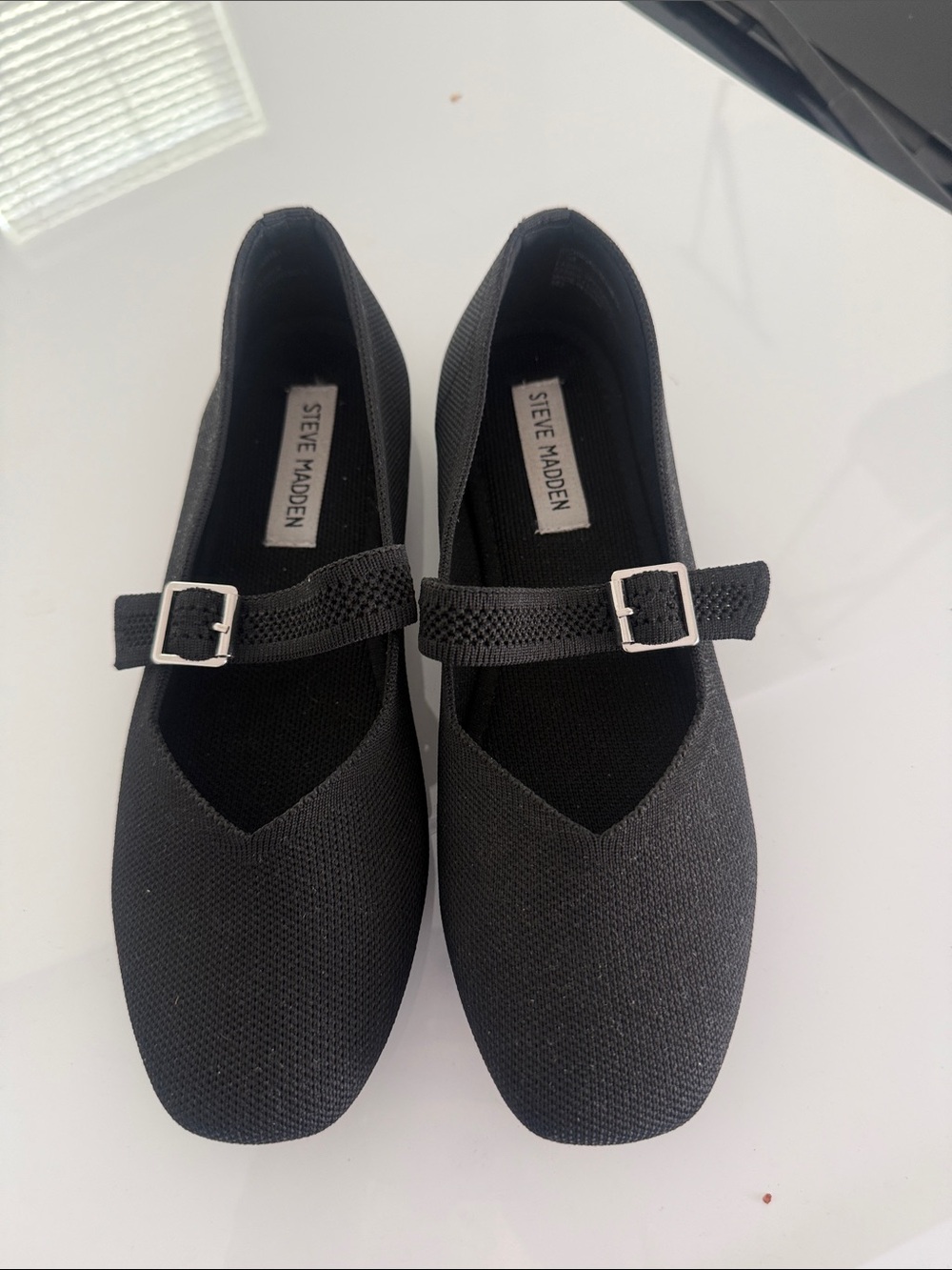 Steve Madden Black Mary Jane Knit Flats with Buckle Strap